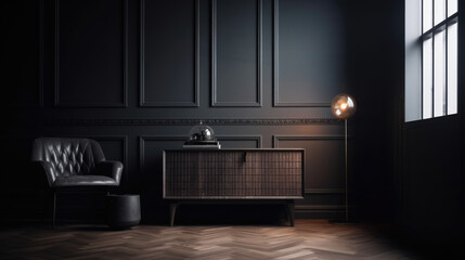 Grey wall panels and a black side table in minimalistic interior design composition.