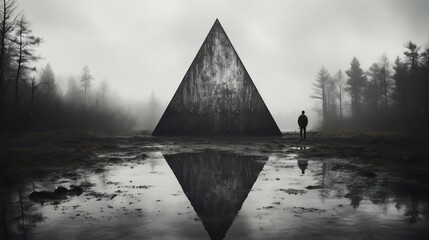a man standing near a triangle in the field