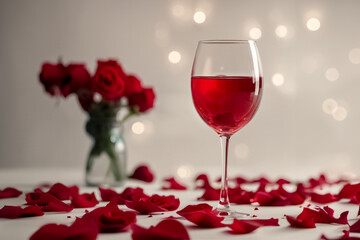 Fototapeta na wymiar Glass of red wine with rose petals