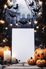 Blank Halloween card or invitation. Halloween vertical background with pumpkins, candles and blank paper sheet with space for your text of party invitation. Generative AI