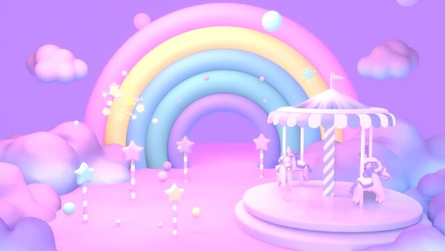 Looped cartoon pastel rainbow land with carousel animation.