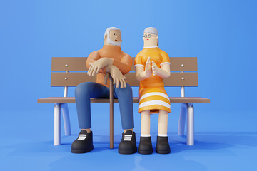 Romantic elderly couple talking while sitting together on a bench, isolate blue background  - 3D illustration