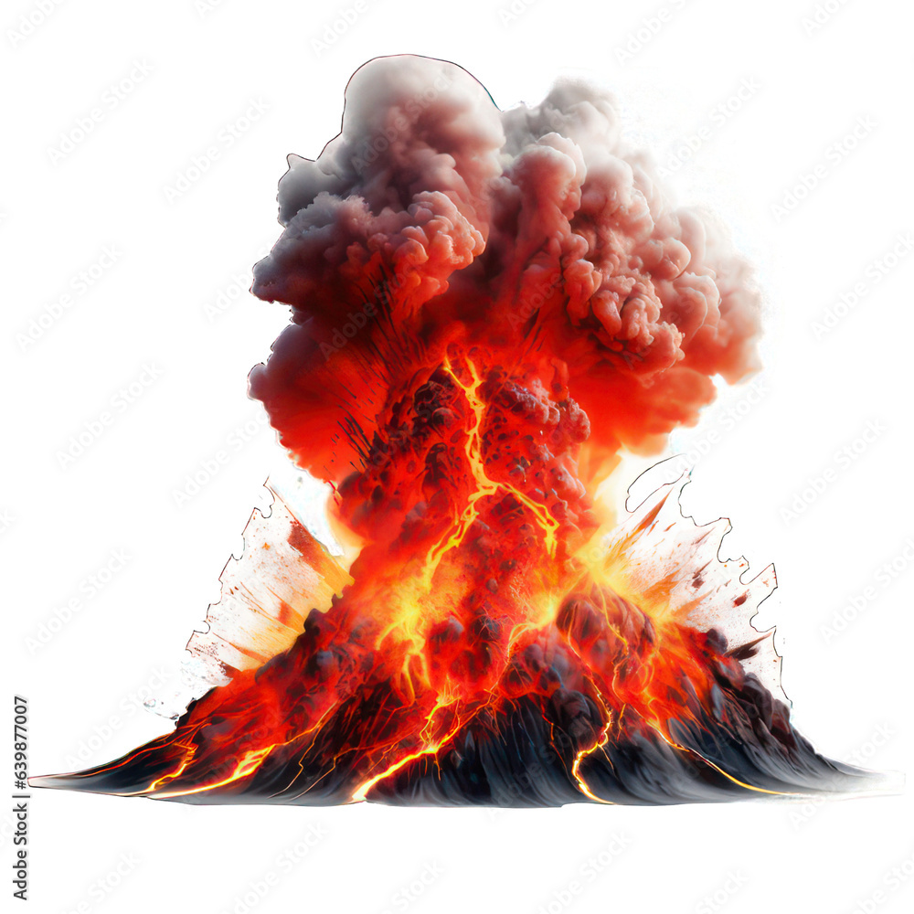Aufkleber erupting volcano isolated on white created with generative ai. big explosion with lava.