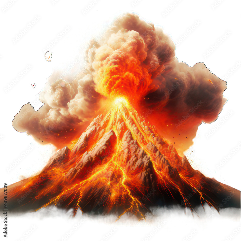Poster erupting volcano isolated on white created with generative ai. big explosion with lava.