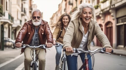 Senior riding bicycle in city