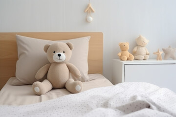 Plush bear on a bed in a bright bedroom.