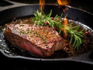 Steak in a frying pan, close-up shot