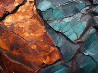 Visible veins of copper at the rocky walls of an old mine shaft