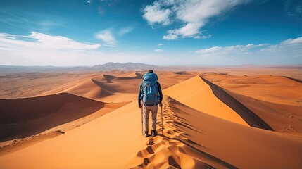 Male hiker, full body, view from behind, standing on a dune in the middle of the desert