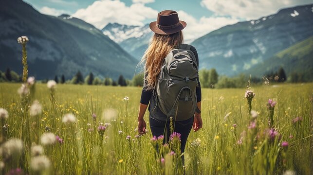 Female hiker, full body, view from behind, standing in a meadow with wildfolwers