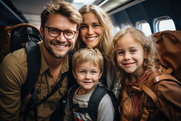 View of travelers family with backpack and suitcases in the airplane after arrival. Family vacation concept