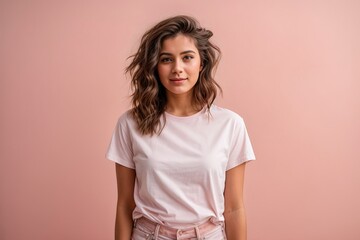 Funny young brunette woman girl in white t-shirt posing isolated on pastel pink wall background studio portrait