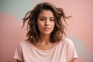 Fototapeta premium Funny young brunette woman girl in white t-shirt posing isolated on pastel pink wall background studio portrait