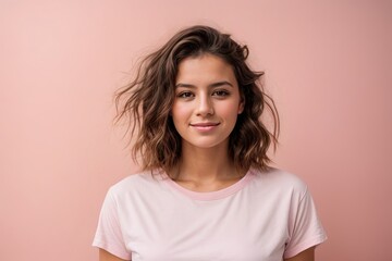 Funny young brunette woman girl in white t-shirt posing isolated on pastel pink wall background studio portrait