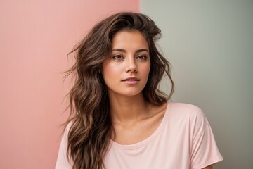 Fototapeta premium Funny young brunette woman girl in white t-shirt posing isolated on pastel pink wall background studio portrait
