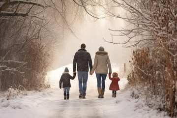 Fototapeta na wymiar Eine Familie macht einen Winterspaziergang an einem schönen Wintertag