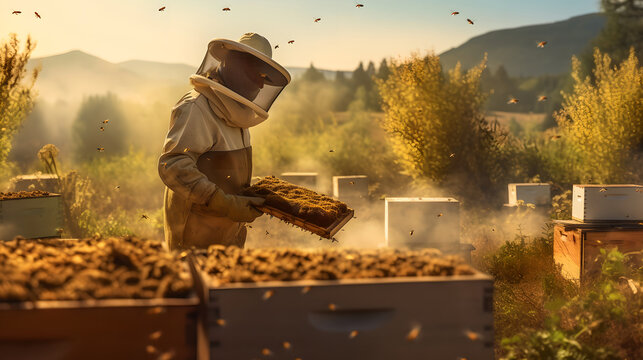 Male beekeeper wearing protective suit checking bee hive, man beekeeper holding taking care bee hive
