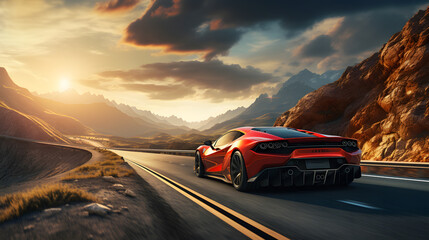 Sport car in the highway with beautiful nature landscape view