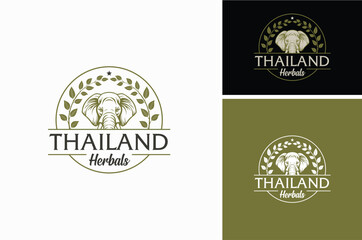 Obraz premium Floral Vine Leaf Wreath with Asian Thailand Elephant Face Silhouette for Nature Wildlife with Herbal Nutrition Classic Vintage Label Logo Design