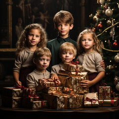 Christmas, children and family celebrate Christmas with gifts under a Christmas tree, ai generated