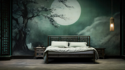 A dark Japanese-style bedroom with a full moon photo wallpaper on the wall.