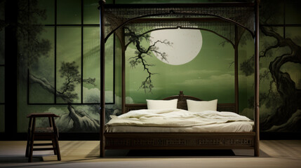 A dark Japanese-style bedroom with a full moon photo wallpaper on the wall.
