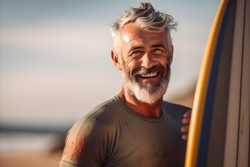 portrait man with surfboard standing on the beach. Confident man with a stand up paddleboard at sunset, health lifestyle and sport