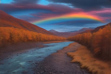 Beautiful landscape with rainbow river flow. AI generated illustration