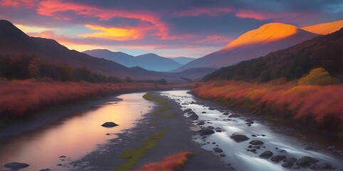 Fototapeta na wymiar Beautiful landscape with rainbow river flow. AI generated illustration