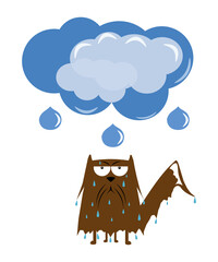 RAINING CATS AND DOGS FUNNY CAT CAUGHT BY THE RAIN CARTOON ILLUSTRATION DESIGN