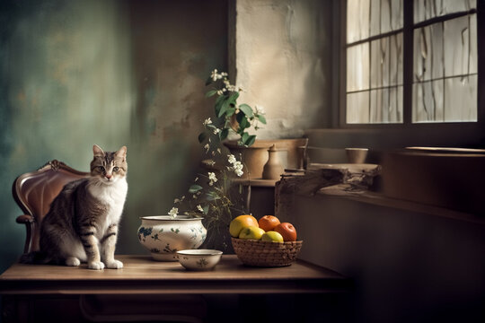 Still life con gatto sul tavolo