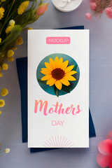 mother's day greeting letter mockup on table with flowers