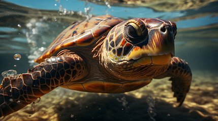a turtle in the ocean with healthy colors