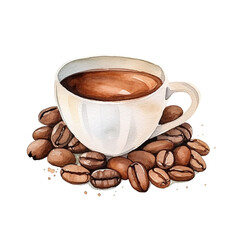 Cup of Coffee with coffee beans, watercolor illustration