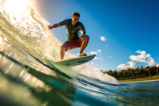 Professional Surfer Riding Waves In Beach, Men Surfer Catching Waves On Blue Ocean, Surfing Action Water Board Sport Activity On Summer Vacation