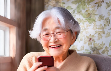  スマートフォンを見て笑顔で喜ぶ高齢女性「AI生成画像」 - obrazy, fototapety, plakaty