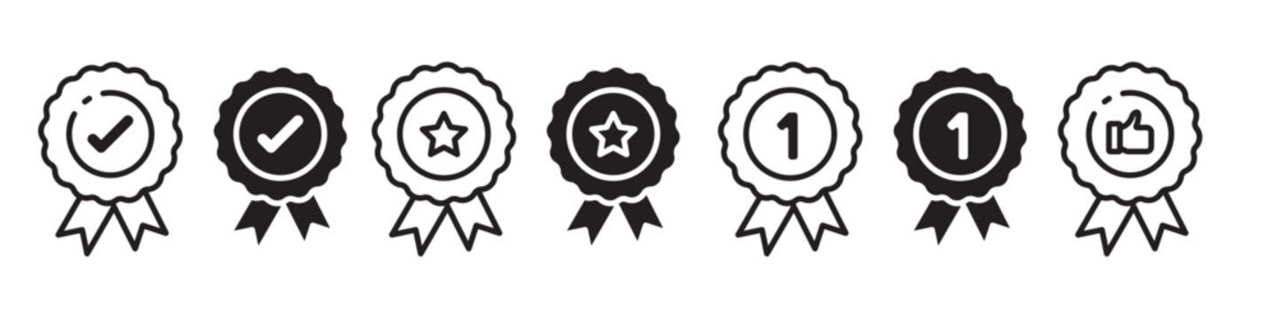 Quality Icon. symbol of award medal of winner champion in sport. vector set of trophy reward prize who come first place in rank. Outline sign of standard premium product with satisfaction guarantee 