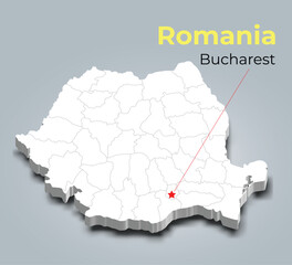 Romania 3d map with borders of regions and it’s capital