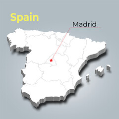 Spain 3d map with borders of regions and it’s capital - obrazy, fototapety, plakaty