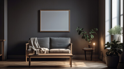 Interior mock up of a blank wooden framed blank poster in a gray living room with a wooden couch, a coffee table with a vase and books, and an armchair.