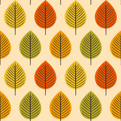 Seamless vector pattern of fall leaves in simple geometric shape, colorful autumn background.