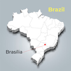 Brazil 3d map with borders of regions and it’s capital