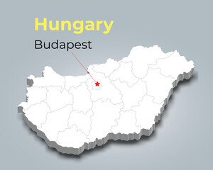Obraz premium Hungary 3d map with borders of regions and it’s capital