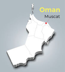 Oman 3d map with borders of regions and it’s capital