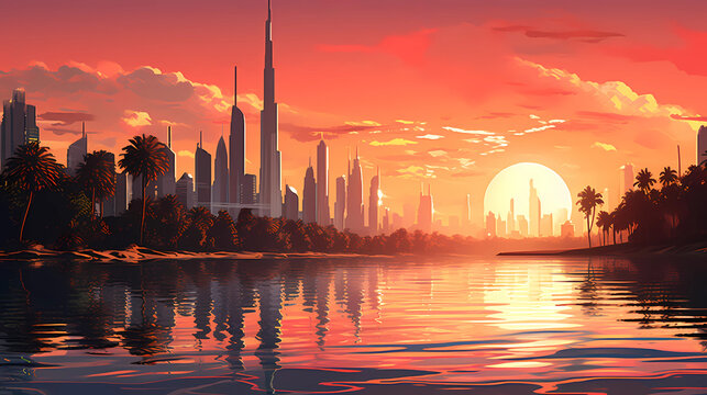 Illustration of the beautiful city of Dubai. United Arab Emirates