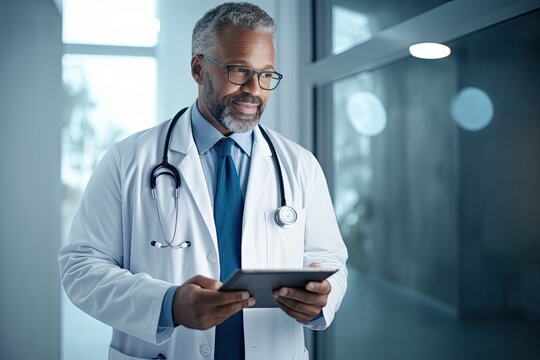 Mature doctor excels with wireless tech in modern hospital using digital tablet. Photo generative AI