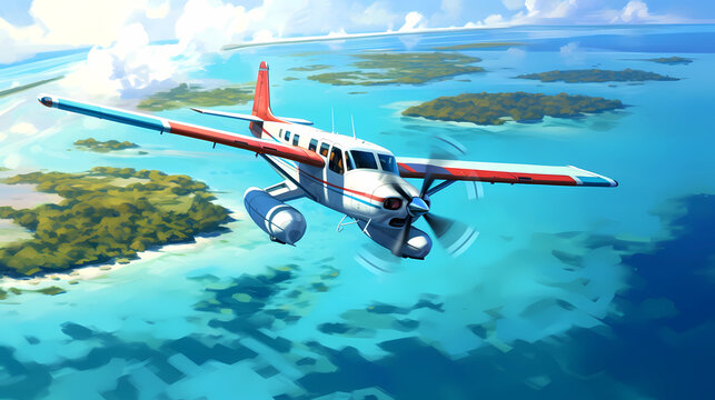 Illustration of an airplane flying over the islands in the ocean