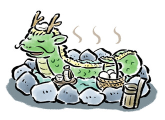 温泉でくつろぐ辰（龍）　筆タッチ手描きイラスト　