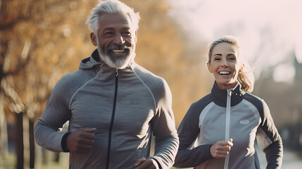 Obraz premium Portrait of active senior couple running together in the park stadium, Happy elderly couple in morning run outside in city park