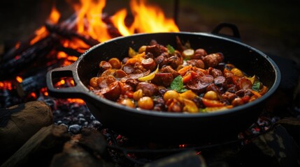 Three Sisters Stew is a dish made from corn, beans and pumpkin. A pot of stew simmering over an open fire. American Indigenous Cuisine. - obrazy, fototapety, plakaty
